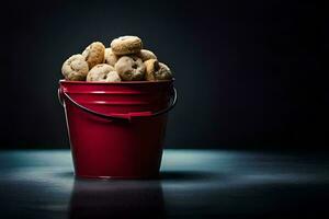 une rouge seau rempli avec biscuits sur une foncé Contexte. généré par ai photo