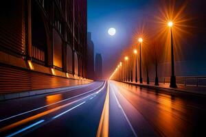 une longue exposition photographier de une ville rue à nuit. généré par ai photo