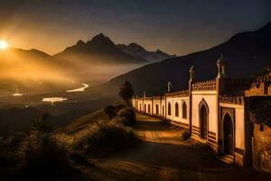 le Soleil monte plus de une mosquée dans le montagnes. généré par ai photo