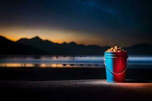 une seau de pop corn sur le plage à nuit. généré par ai photo