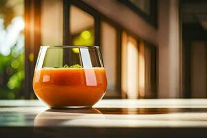 une verre de Orange jus séance sur une tableau. généré par ai photo