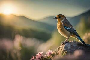 une oiseau est assis sur une Roche dans de face de une Montagne. généré par ai photo