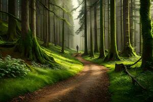 une chemin par une forêt avec grand des arbres. généré par ai photo