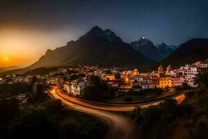 une ville à le coucher du soleil avec montagnes dans le Contexte. généré par ai photo