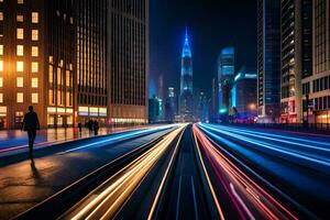 une ville rue à nuit avec lumière les sentiers. généré par ai photo