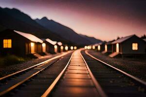 une train Piste avec Maisons sur le côté. généré par ai photo