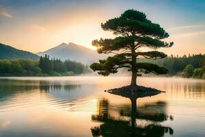 une seul arbre des stands sur une petit île dans le milieu de une Lac à lever du soleil. généré par ai photo