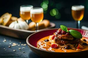 une assiette de spaghetti avec Viande et des légumes. généré par ai photo