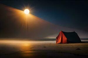 une tente est ensemble en haut sur le plage à nuit. généré par ai photo