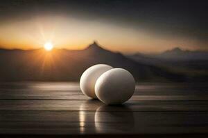 deux des œufs asseoir sur une table avec le Soleil réglage derrière eux. généré par ai photo