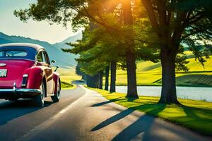 une rouge classique voiture conduite vers le bas une pays route. généré par ai photo