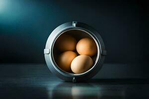 Trois des œufs dans une métal bol sur une foncé tableau. généré par ai photo