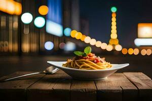 une assiette de Pâtes avec une vue de le Eiffel la tour. généré par ai photo