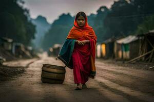 une femme dans une coloré sari des promenades vers le bas une saleté route. généré par ai photo