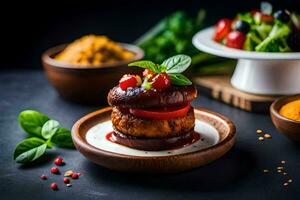 une assiette de nourriture avec Viande et des légumes. généré par ai photo