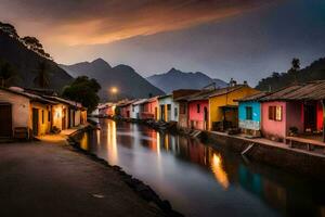 coloré Maisons ligne le côté de une canal à crépuscule. généré par ai photo