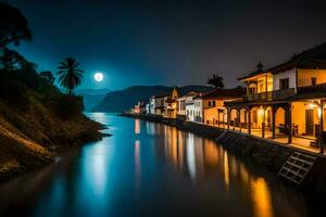 une rivière à nuit avec Maisons et une lune. généré par ai photo