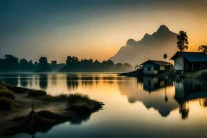 une Lac et une Montagne à le coucher du soleil. généré par ai photo