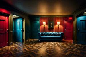 une pièce avec rouge, bleu et Jaune des portes. généré par ai photo