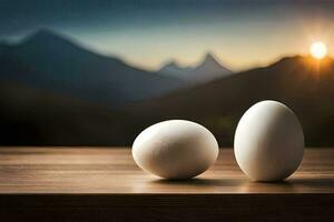 deux des œufs sur une table avec montagnes dans le Contexte. généré par ai photo