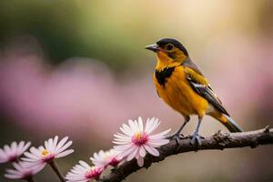 une oiseau est assis sur une branche avec rose fleurs. généré par ai photo