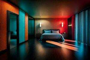 une chambre avec coloré éclairage et une lit. généré par ai photo