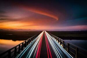 une longue exposition photo de une pont avec lumière les sentiers. généré par ai