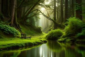 une banc est assis dans le milieu de une forêt. généré par ai photo