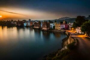 le Soleil ensembles plus de le ville de udaïpur, rajasthan. généré par ai photo