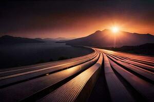 une longue train Piste avec le Soleil réglage plus de il. généré par ai photo