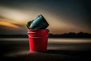 une rouge seau et une noir seau séance sur Haut de une le sable dune. généré par ai photo