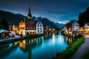 photo fond d'écran le ciel, montagnes, rivière, Maisons, ville, nuit, rivière, alpin. généré par ai