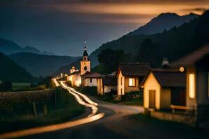 photo fond d'écran le ciel, route, Maisons, montagnes, lumière, le route, le route,. généré par ai