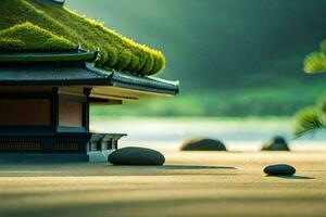 une petit Japonais pagode est assis sur le le sable près le l'eau. généré par ai photo