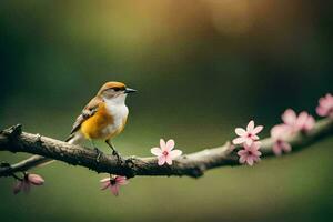 une oiseau est assis sur une branche avec rose fleurs. généré par ai photo