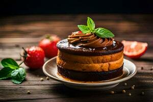 une Chocolat gâteau avec des fraises et menthe sur une en bois tableau. généré par ai photo