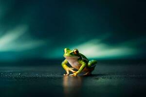 une grenouille séance sur une foncé surface avec une vert Contexte. généré par ai photo