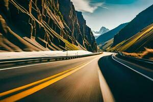 une voiture conduite vers le bas une Montagne route. généré par ai photo