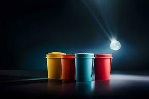 une groupe de coloré tasses sur une table avec une lumière brillant sur eux. généré par ai photo