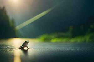 une grenouille séance sur le sol dans le Soleil. généré par ai photo