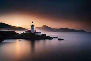 une phare est assis sur le rive de une corps de l'eau. généré par ai photo