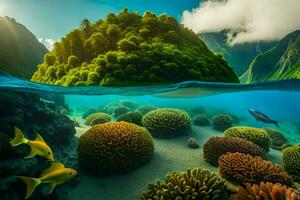 une tropical île avec corail récifs et poisson. généré par ai photo