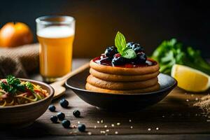 Crêpes avec myrtilles et une verre de bière. généré par ai photo