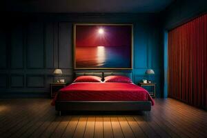 une chambre avec une rouge lit et une La peinture sur le mur. généré par ai photo