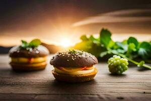 deux Chocolat des hamburgers sur une en bois tableau. généré par ai photo