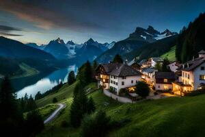 une magnifique Montagne village avec une Lac et montagnes dans le Contexte. généré par ai photo