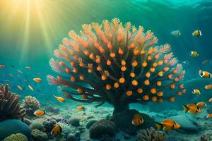 un sous-marin scène avec corail et poisson. généré par ai photo