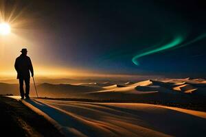 une homme permanent sur une Montagne avec le Soleil réglage derrière lui. généré par ai photo