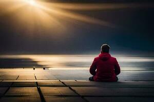 une homme séance sur le sol à la recherche à le Soleil. généré par ai photo