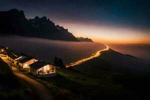 une maison sur une flanc de coteau à crépuscule avec une Montagne dans le Contexte. généré par ai photo